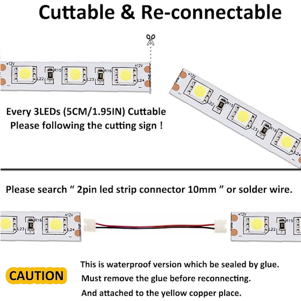 LED-remsa 12V Kallvit LED-remsa 6000K, inomhus LED-remsa, 5 meter flexibel 300 lysdioder