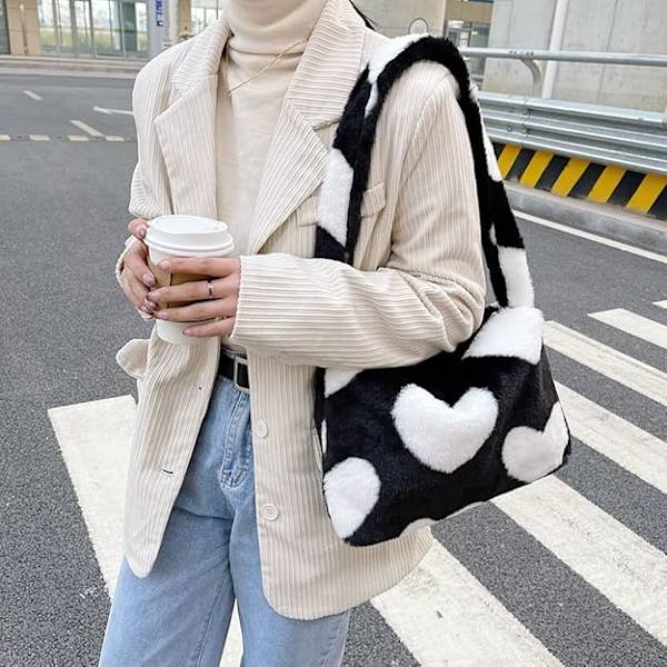 Y2K Stor kapacitet Färgglad Blommig Hjärta Tryck Mjuk Väska Casual Plysch Crossbody Axelväska Handväskor & Axelväskor För Kvinnor-Vit Kärlek