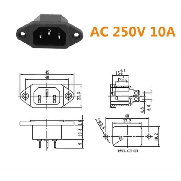 Paket med 10 AC 250V 10A IEC-320 C14 Hane 3-stift Chassi Panelmonterad Power Power