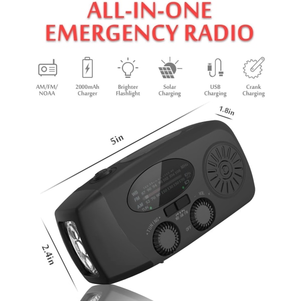 Hätäradio, kannettava käsikammen aurinkoradio AM/FM-toiminnolla, 2000 mAh ladattava power , SOS-sireeni, LED-taskulamppu Black