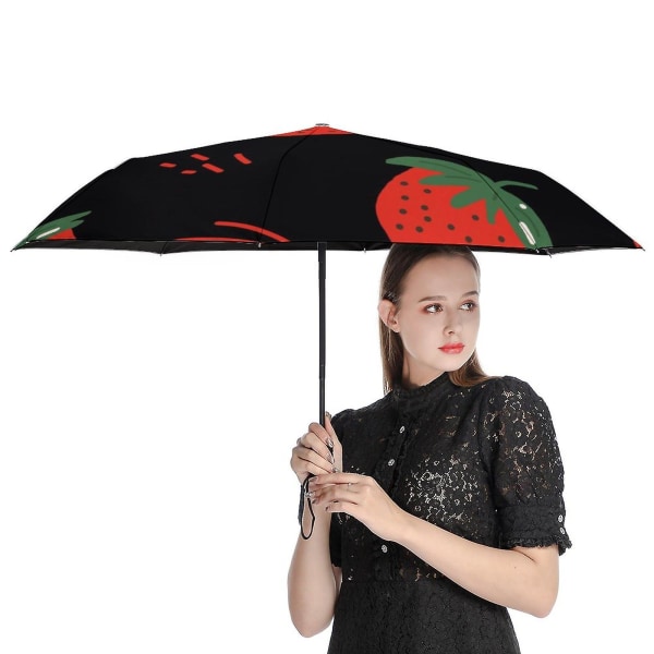 Söpö mansikka automaattinen taitettava sateenvarjo Matkasateenvarjo tuulenpitävä automaattinen 3 taittuva sateenvarjo naisille miehille aikuisille
