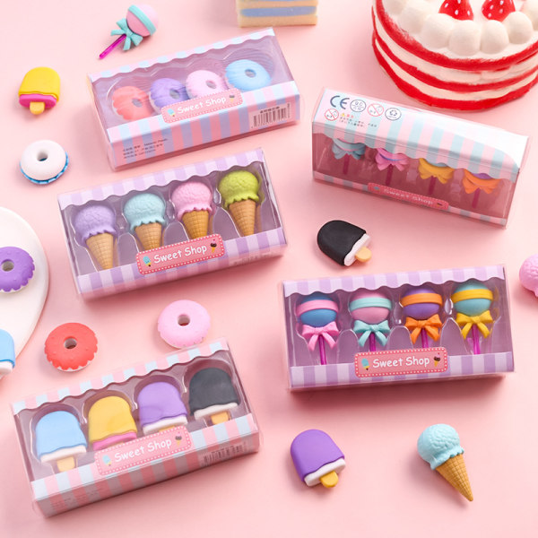 Barn suddgummi-stationery | Suddgummi skolmaterial Kawaii - 4 st/låda Kawaii Ice -