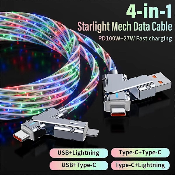 Ny Stjärnklar Himmels LED Flerfärgad Snabbladdningskabel, 100W LED USB-kabel 4 i 1 Snabbladdning Typ C U