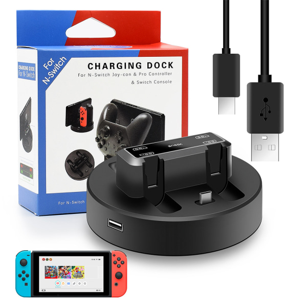 4-i-1 Joy Con Laddningsstation, Nintendo Switch Controller Laddningsstation med LED-indikator (handtag ingår ej)