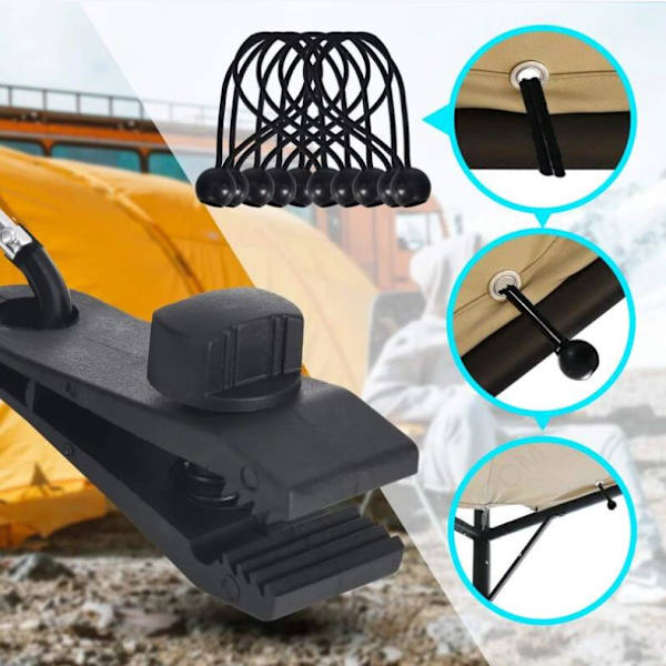 10-pack presenningklämmor, presenninghållare för utomhusbruk med bungee-sladd + D-formad karbinhake,