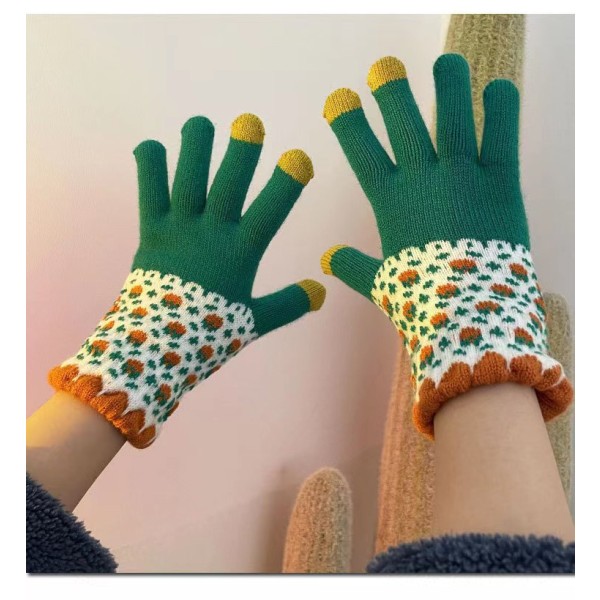 1 par trädgårdshandskar, stickade varma handskar, vinterhandskar touch-handskar - Kontrastgrönt