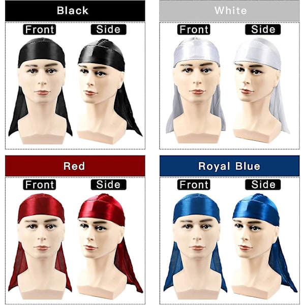4-pack Silky Durags, Silk Durag för Män Kvinnor Vågor, Silk Durag Pack med 1 Våghätta, Silky Satin Durag Extra Långa Svansar - Snngv