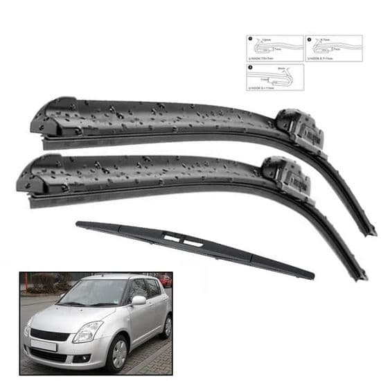 Sæt med 3 viskerblade foran og bagpå til Suzuki Swift Hatchback MK2 2004-2010