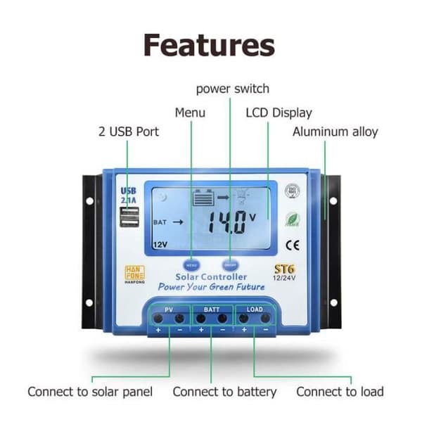 20A Solladdningsregulator - 12V/24V - LCD-skärm - Dubbla USB-portar