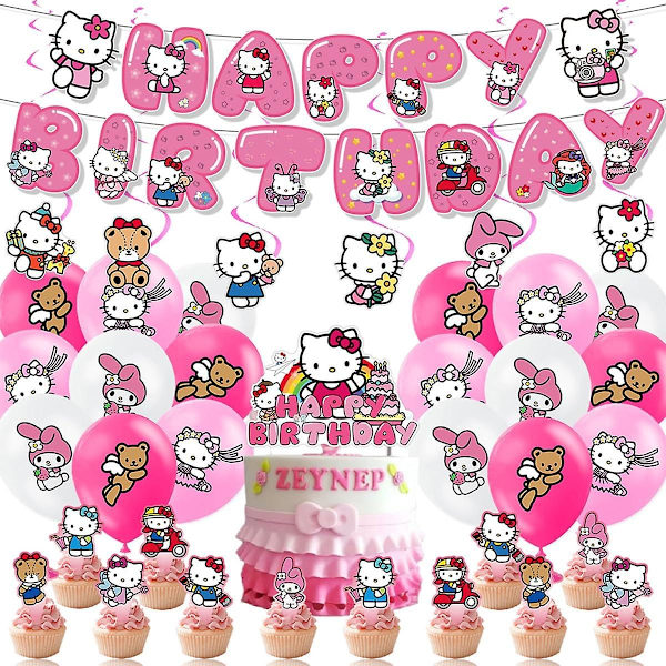 Kitty Fødselsdagsfestartikler, Kawaii Anime Tegneserie Fødselsdagsfest Dekoration, Inkluderet Banner, Hængende Hvirvler, Balloner, Kagetopper (Pink) (pink)