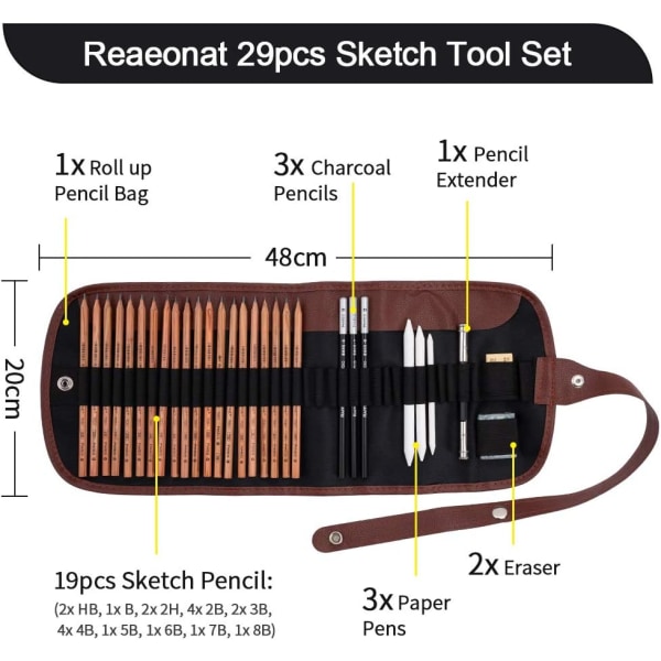 Sæt med skitsetegninger, 29 professionelle tegneblyanter med grafitblyanter
