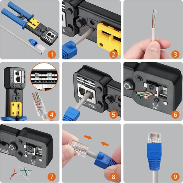 Proster RJ45 Crimp Tool Kit - RJ45 Pass Through Crimper for CAT5, CAT5e, and CAT6 Network Cables with Network Cable Tester