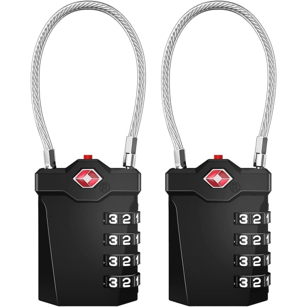 Resväska hänglås, 4-siffrigt Tsa-kombinationshänglås med öppningslarm, gymkabellås (2 delar, svart)