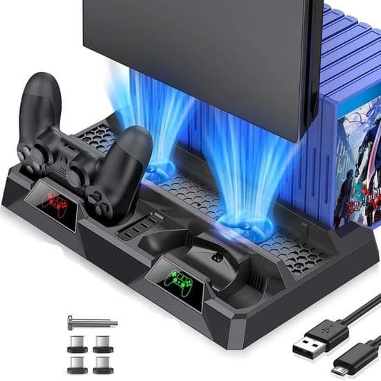 PS4-stativ med ventilator, til PS4/PS4 Pro/PS4 Slim, ladestation med LED-indikatorer, PS4-controllerstativ