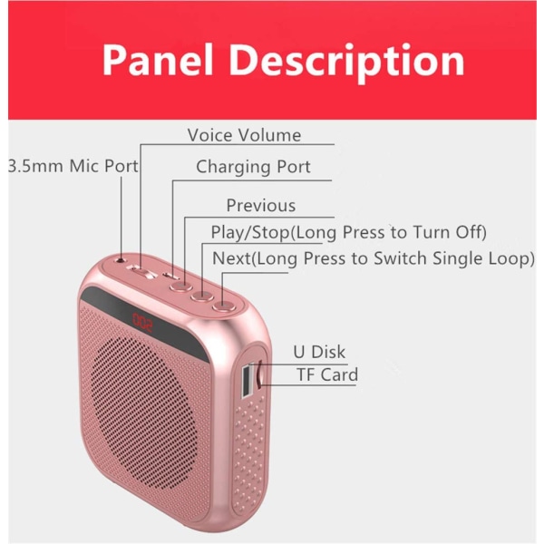 Bärbar högtalarförstärkare med trådbunden mikrofon Uppladdningsbar högtalarförstärkare (rosaguld)