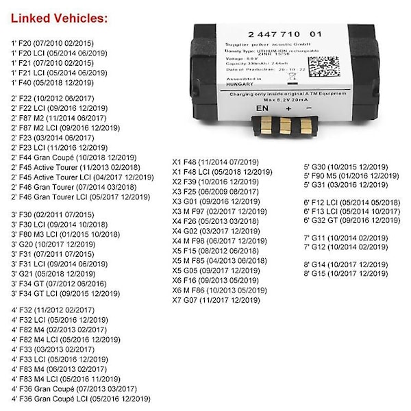 SOS Nödbatteri 84102447710 84109361678 för F20 F22 F40 G30 F90