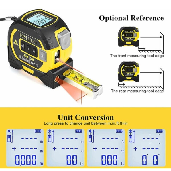 3-i-1 Digital Lasermätare med Korshårslaser, 131ft Digital Laseravståndsmätare, 16ft Måttband,