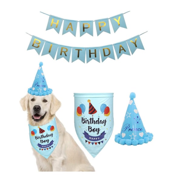 Hund Födelsedagsbandana, Scarf Hat Banner Set för Hund Cat Pet Födelsedagsdekoration, blå