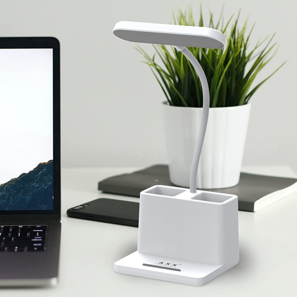 LED-bordslampa med pennhållare, skrivbordslampa för dator/skrivbord - vit, uppladdningsbar, ögonvårdande