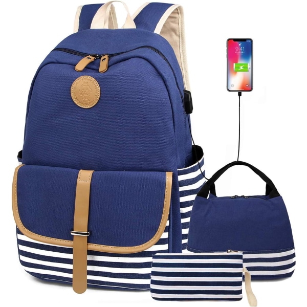 Skoletaske, rygsæk, med USB-opladningsport, (blå)