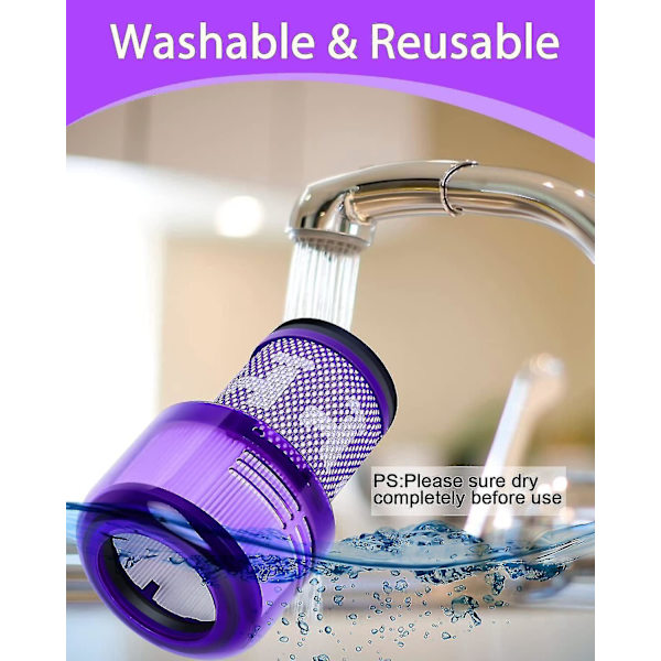 Dyson V12 3-pack filter - Hepa-filter för dammsugare, kompatibel med Dyson V12 Slim Absolute Detect, tvättbart tillbehör