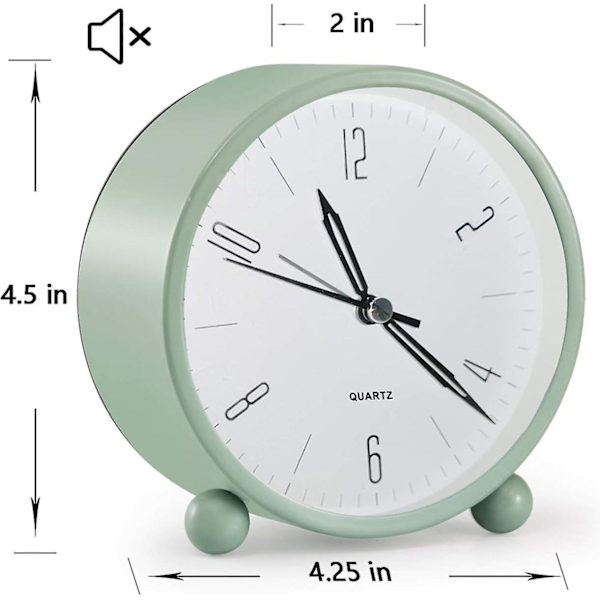 Analog väckarklocka, 4 tum Super Tyst Tickfri Liten Klocka med Nattlampa, Batteridriven, Enkel Design, för Sovrum, Sängbord, Skrivbord, (Grön)