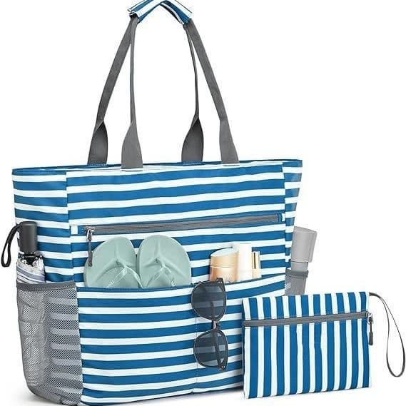 Foldable Portable Beach Bag - Blue/Navy Blue