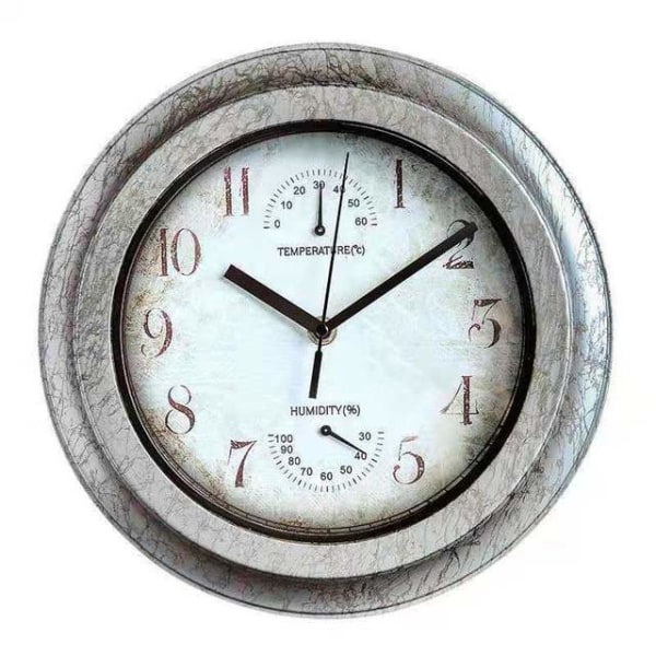 Ulkokäyttöön tarkoitettu vedenpitävä kello metalliseinäkello lämpömittarilla, kosteusmittarilla, äänetön, paristokäyttöinen