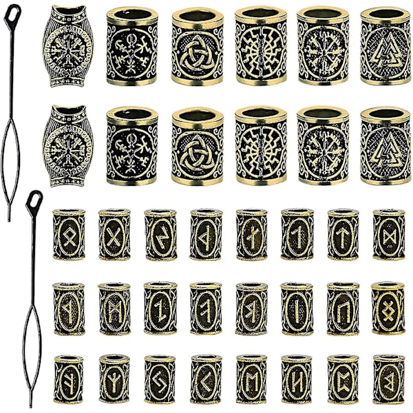 36 Pieces Men's Beard Beads Antique Rune Hair Beads Diy Bracelet Accessories (gold)