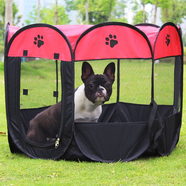Foldable Pet Tent 8 Section Mesh House for Puppy Playpen for Dog Cat Rabbit (Red, 73*73*43cm)
