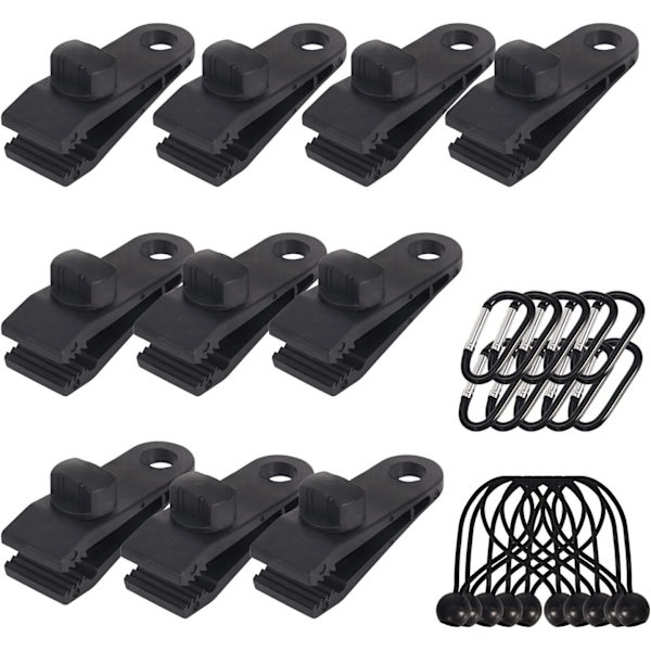 10-pack presenningklämmor, presenninghållare för utomhusbruk med bungee-sladd + D-formad karbinhake,