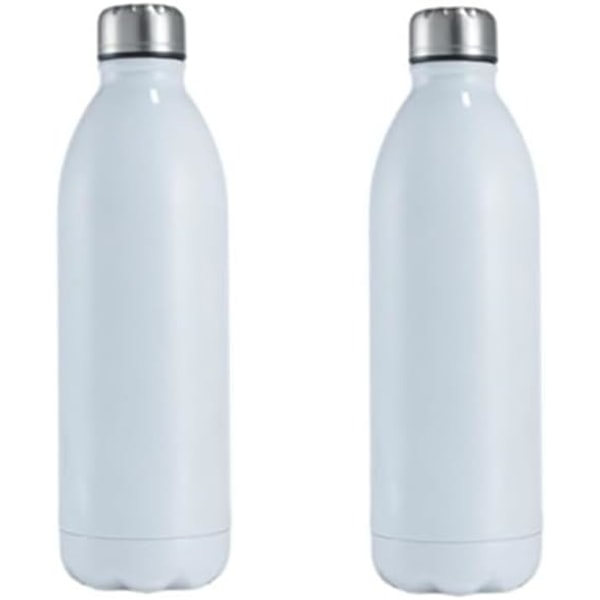2-Pack 1L isolerte vannflasker i rustfritt stål med 100 % lekkasjesikkert lokk (hvit, 1L)