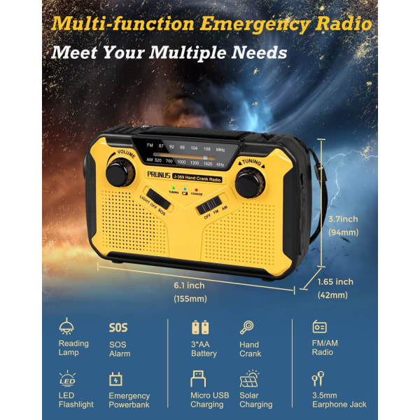 Clockwork radio, overlevelsesudstyr, batteriradio med 3000mAh powerbank, solcelleradio med lommelygte, læselys og SOS sirene yellow