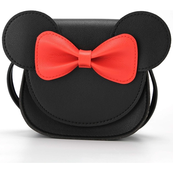 Lille mus øresløjfe Crossbody-pung, PU-skuldertaske til børn, piger, småbørn (sort)