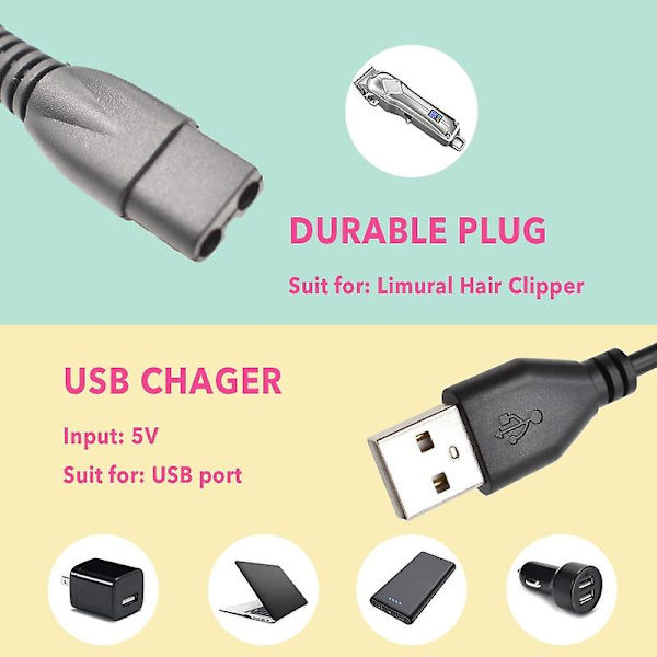 Usb-laddare kompatibel med Limural hårtrimmer, kompatibel med herrklippare, laddsladd, ersättningsladdningskabel, strömkabel