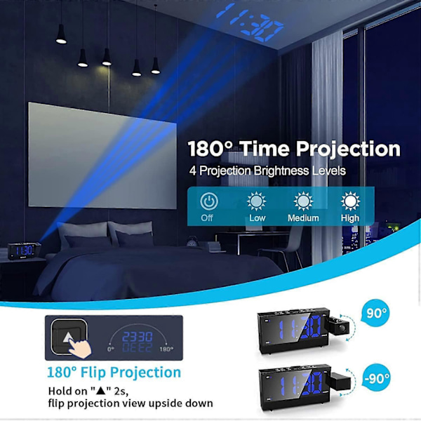 Projektionsväckarklocka för sovrum - USB-laddningsportar - Rotationsbar projektor - Klar LED-display