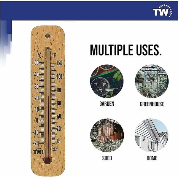 Tradisjonelt tretermometer for måling av romtemperatur - Kan brukes innendørs eller utendørs og er ideelt for hjemmet, kontoret, hagen, drivhuset