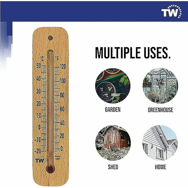 Traditionelt trætermometer til måling af stuetemperatur - Kan bruges indendørs eller udendørs og er ideelt til hjemmet, kontoret, haven, drivhuset
