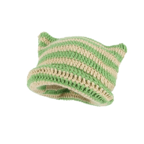 Yllemössa Japansk liten djävul handgjord randig hatt kattöron varm stickad mössa, beigegrön