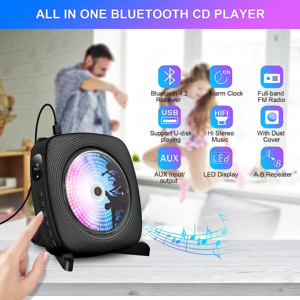 1 stk Bærbar Bluetooth CD-spiller Veggmontert HiFi Innebygd høyttaler med støvdeksel