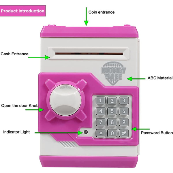 Säästöpossu, yksiosainen sähköinen kassalaatikko salasanalla minipankkiautomaatin kassalaatikko (vaaleanpunainen)