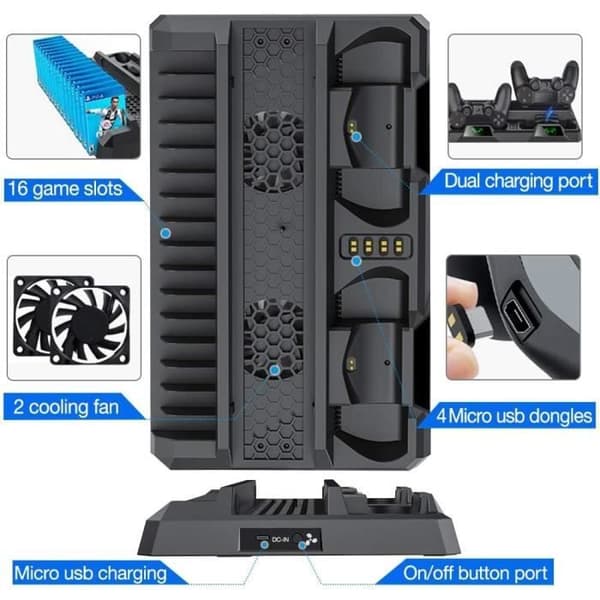 PS4-stativ med ventilator, til PS4/PS4 Pro/PS4 Slim, ladestation med LED-indikatorer, PS4-controllerstativ