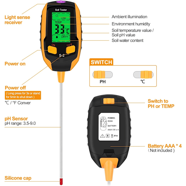 5 i 1 Jorddetektor PH-tester