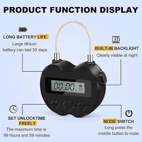 Smart Time Lock LCD Display Tidlås Multifunktionel Rejse Elektronisk Timer, Vandafvisende USB Genopladelig Midlertidig Timer Hængeslås