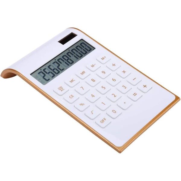 Kalkulator, Slim Design, Dual Power Desk Kalkulator, Solcelledrevet, 10 siffer, Hvit