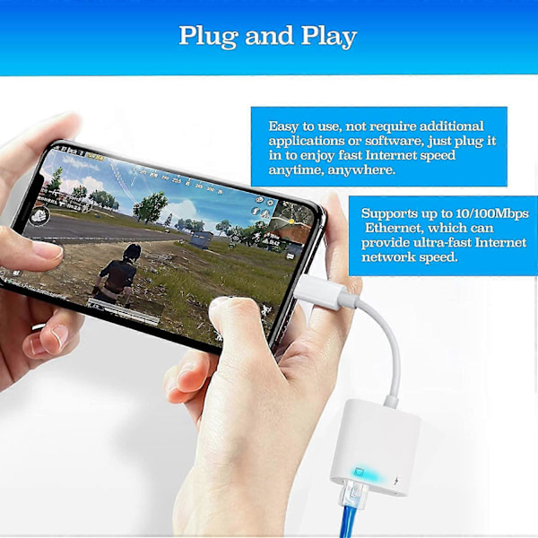Lightning till Ethernet-adapter, kompatibel 2-i-1 Ethernet LAN-nätverksadapter med laddningsport