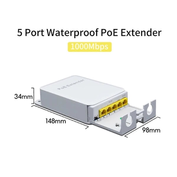 5 Port Vattentät POE Extender 4 Port Repeater Utomhus Nätverk IP55 VLAN 44-57V för POE Kamera Wierl
