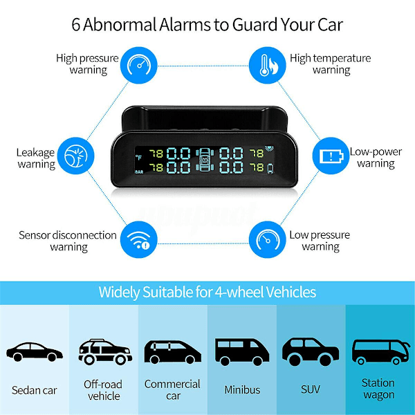 Solcellsdriven Trådlös USB TPMS Däcktrycksövervakningssystem HD LCD-Skärm 4 Externa Sensorer Däcktryck