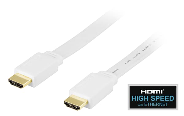 Flat HDMI-kabel, HDMI High Speed med Ethernet, 1m, hvit