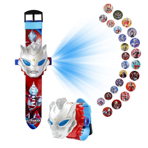 Ultraman-kelloprojektiokello projektori-toiminnolla, sarjakuva-käännettävä lelukello – 24 diaesityspeli, siniset silmät